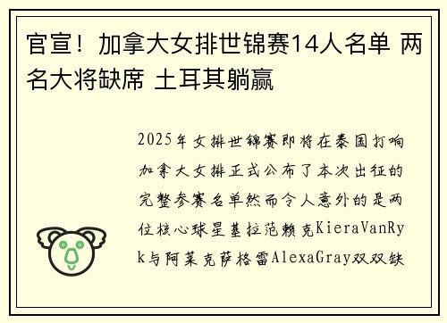 官宣！加拿大女排世锦赛14人名单 两名大将缺席 土耳其躺赢