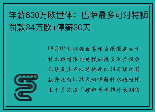 年薪630万欧世体：巴萨最多可对特狮罚款34万欧+停薪30天